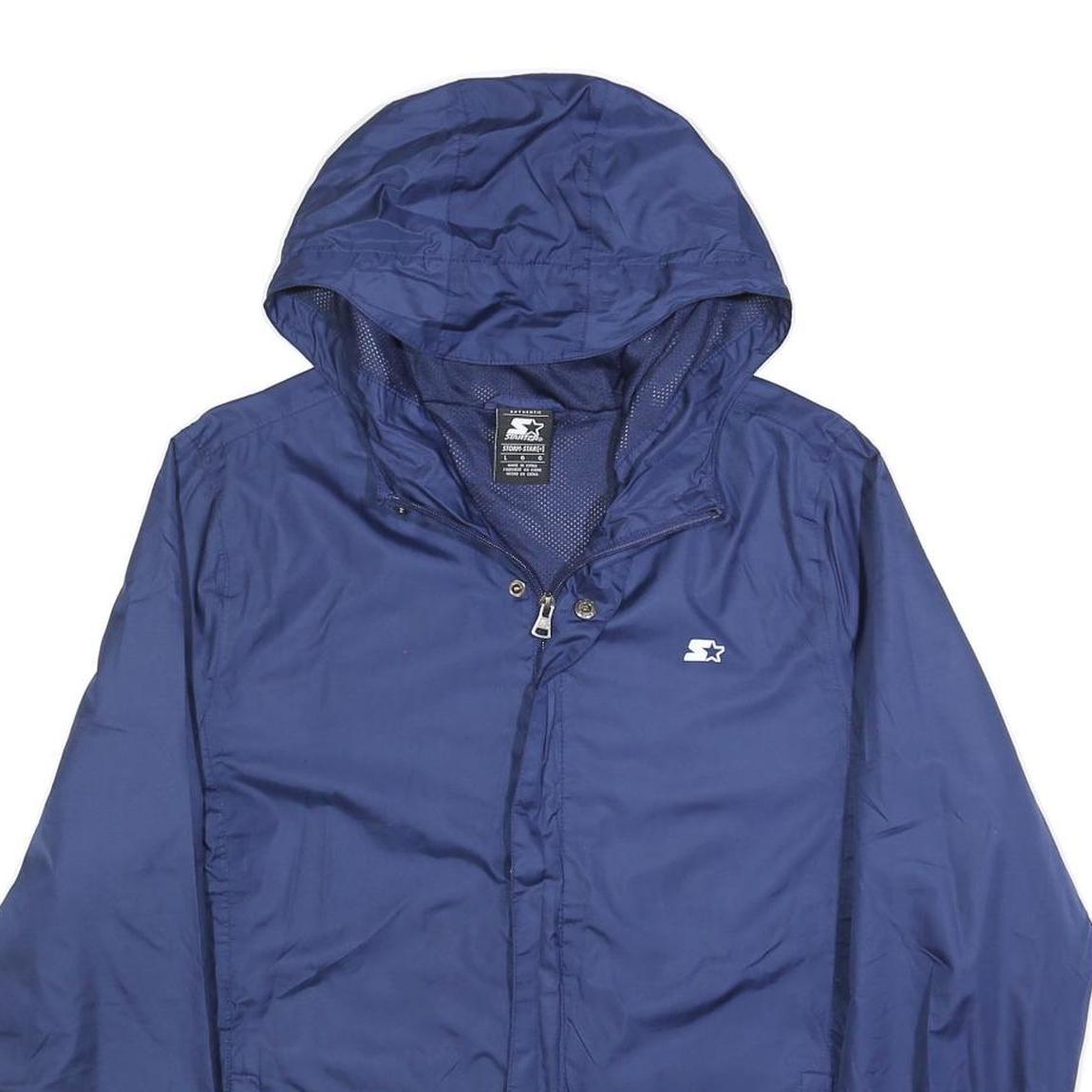 STARTER Mens Blue Hooded Zip Jacket L Polyester Plain Lightweight Sportswear