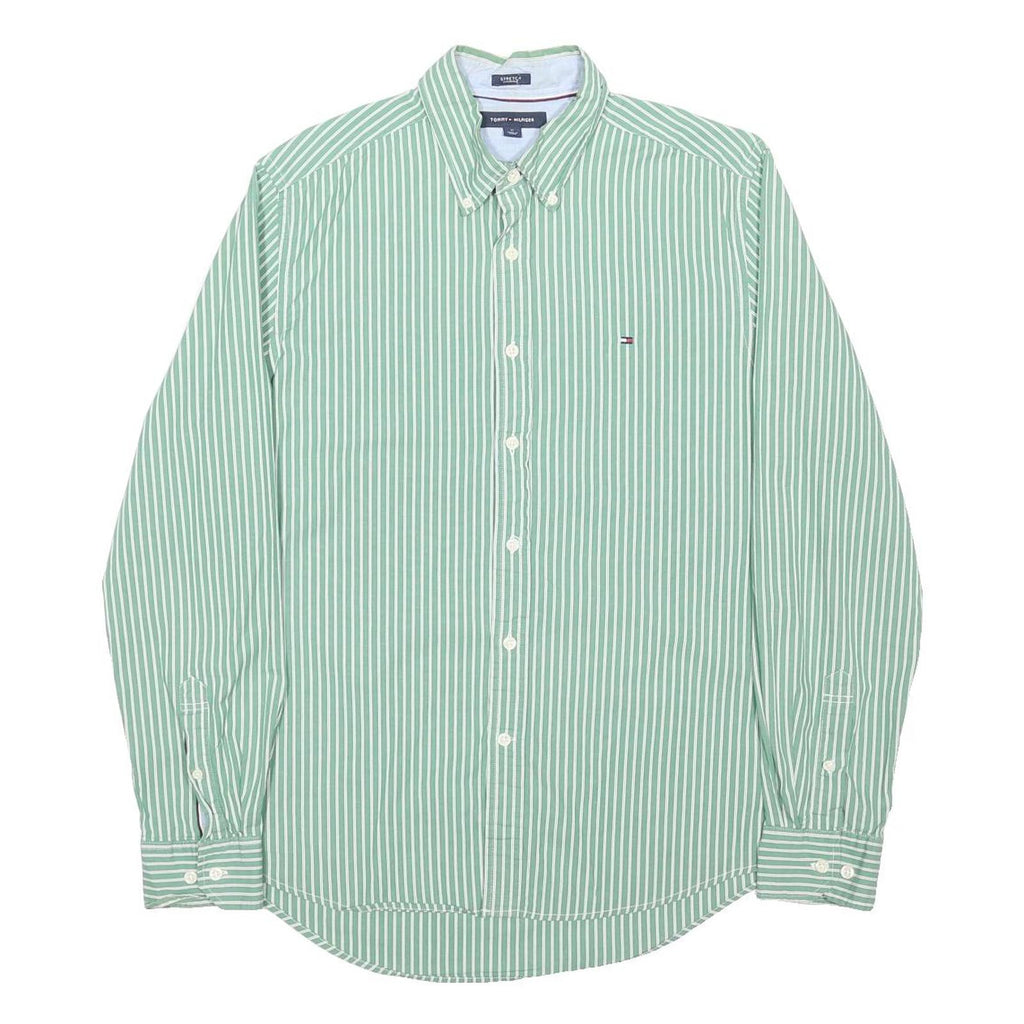 TOMMY HILFIGER Mens Green & White Striped Shirt M Button Down Regular Fit