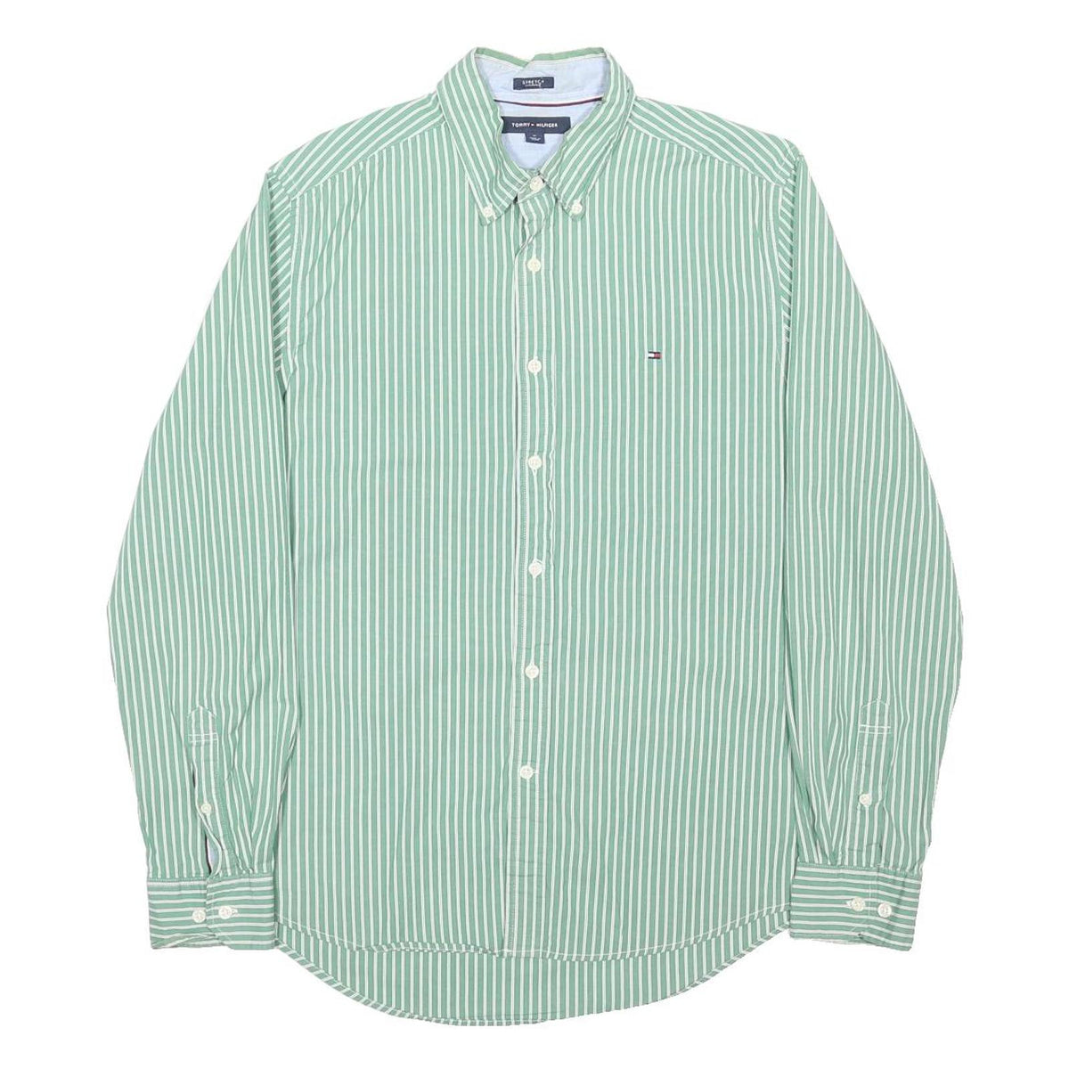 TOMMY HILFIGER Mens Green & White Striped Shirt M Button Down Regular Fit