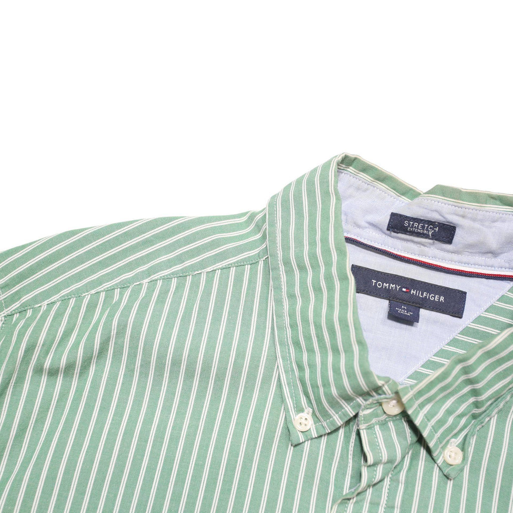 TOMMY HILFIGER Mens Green & White Striped Shirt M Button Down Regular Fit
