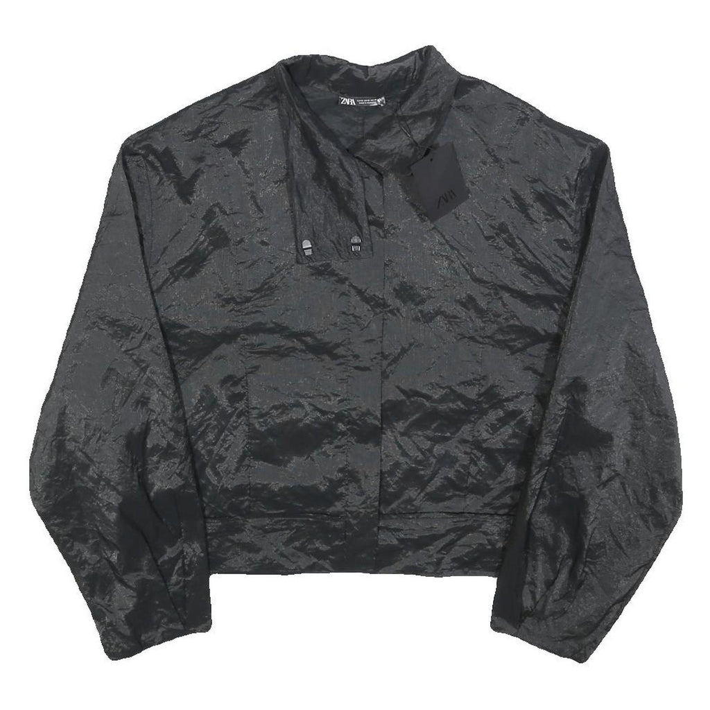 ZARA Womens Black Button Jacket M Polyester Blend Shiny Finish Cropped Style