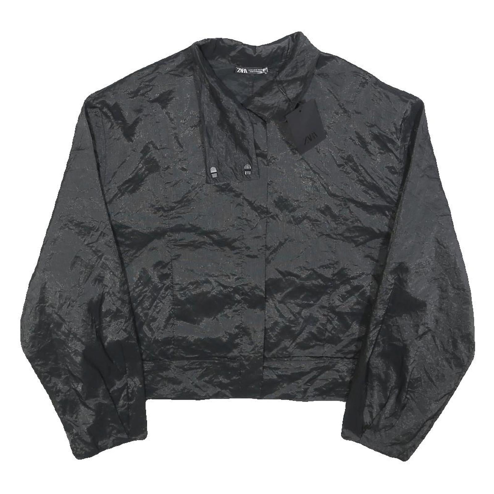 ZARA Womens Black Button Jacket M Polyester Blend Shiny Finish Cropped Style