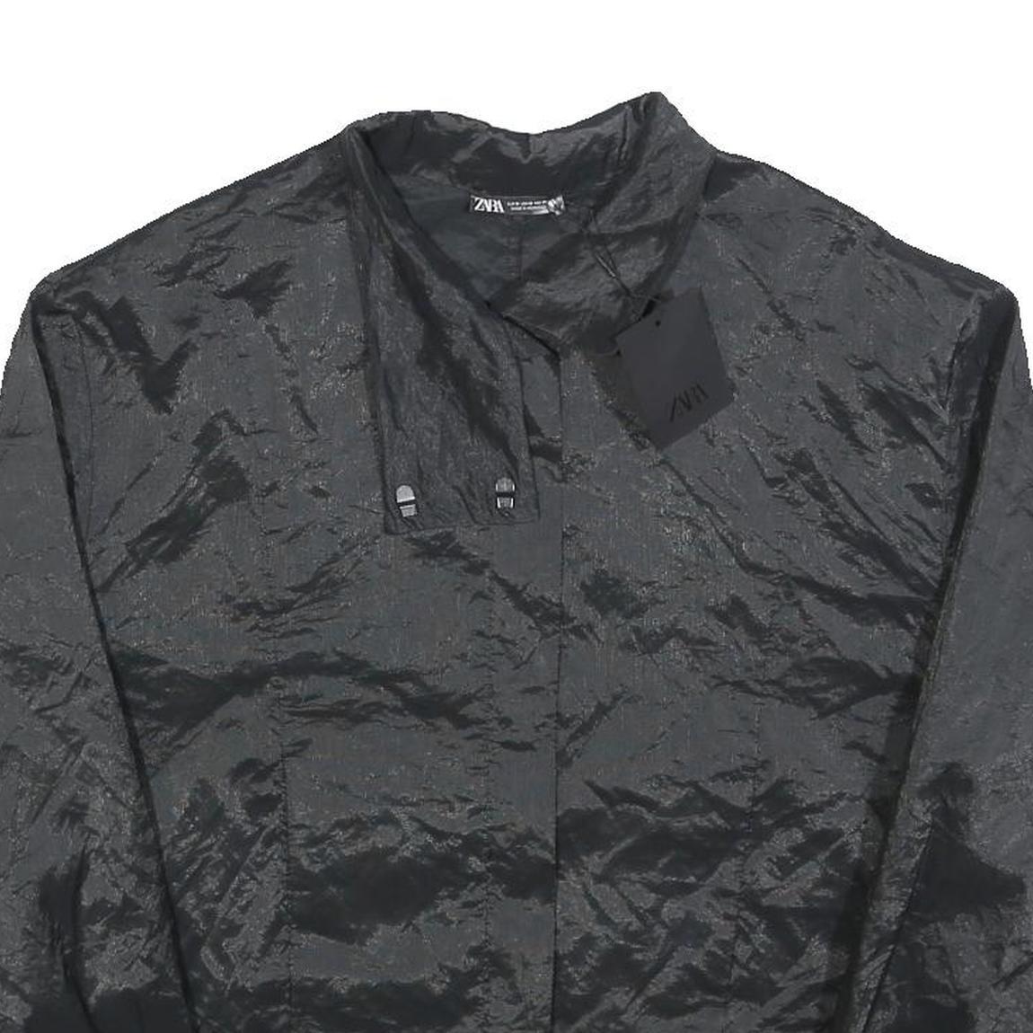 ZARA Womens Black Button Jacket M Polyester Blend Shiny Finish Cropped Style