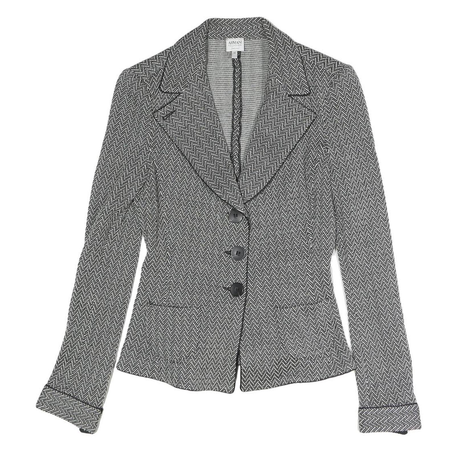 ARMANI COLLEZIONI Womens Black Jacket M Cotton Blend Herringbone Button Closure