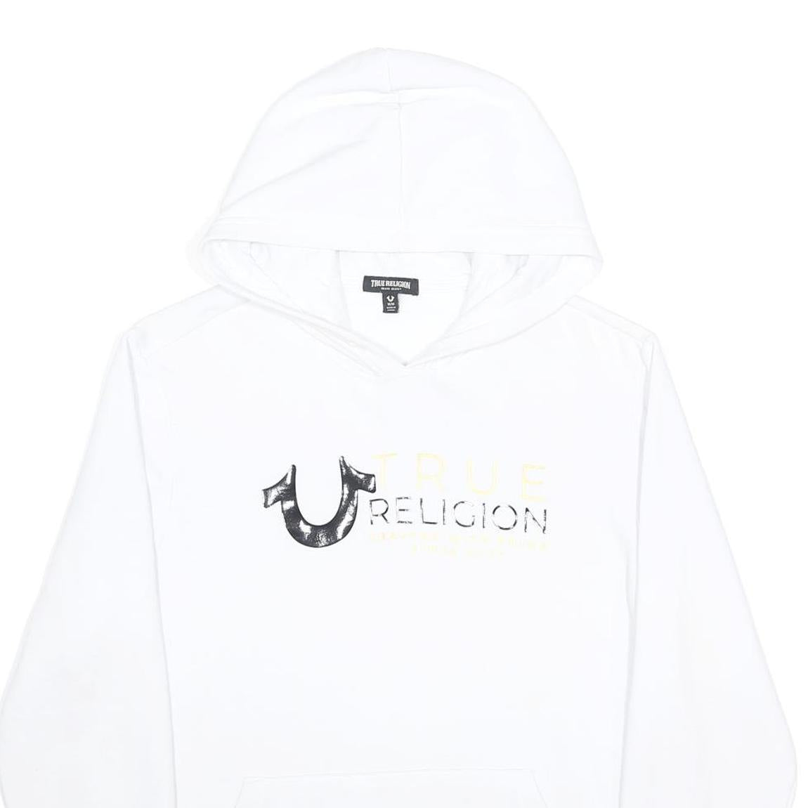 TRUE RELIGION Mens White Cotton Blend Pullover Hoodie M Logo Graphic Casual