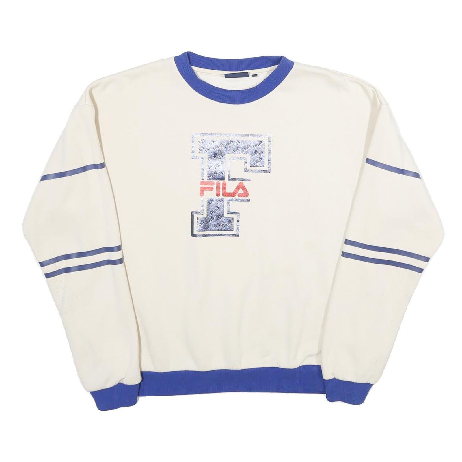 FILA Mens Cream & Blue Logo Crew Neck L Retro Sports Sweatshirt