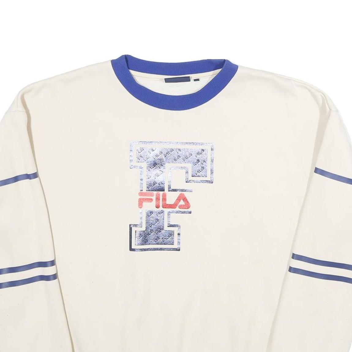 FILA Mens Cream & Blue Logo Crew Neck L Retro Sports Sweatshirt