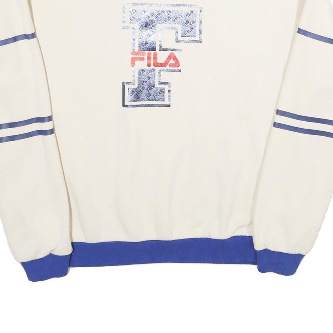 FILA Mens Cream & Blue Logo Crew Neck L Retro Sports Sweatshirt