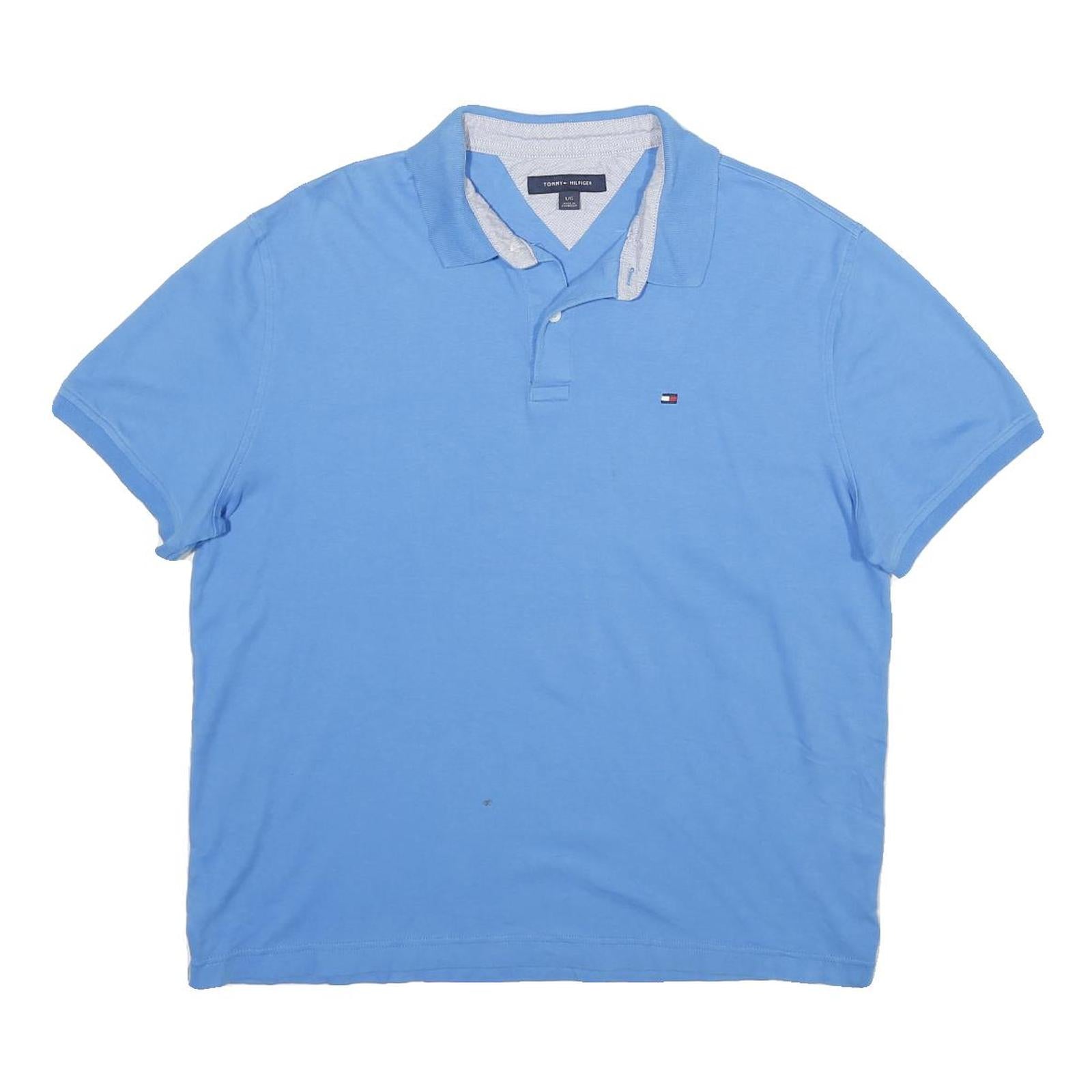 TOMMY HILFIGER Mens Blue Short Sleeve Plain Polo Shirt L Classic Fit Cotton