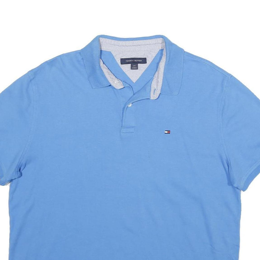 TOMMY HILFIGER Mens Blue Short Sleeve Plain Polo Shirt L Classic Fit Cotton