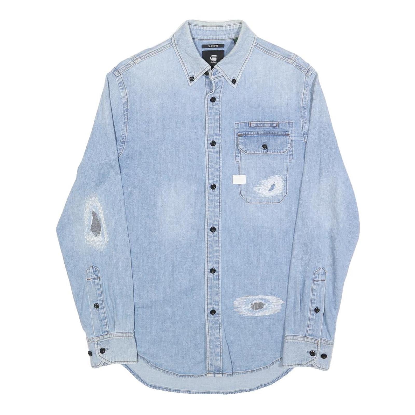 G-STAR Mens Blue Denim Slim Fit Shirt S Distressed Cotton Casual Long Sleeve