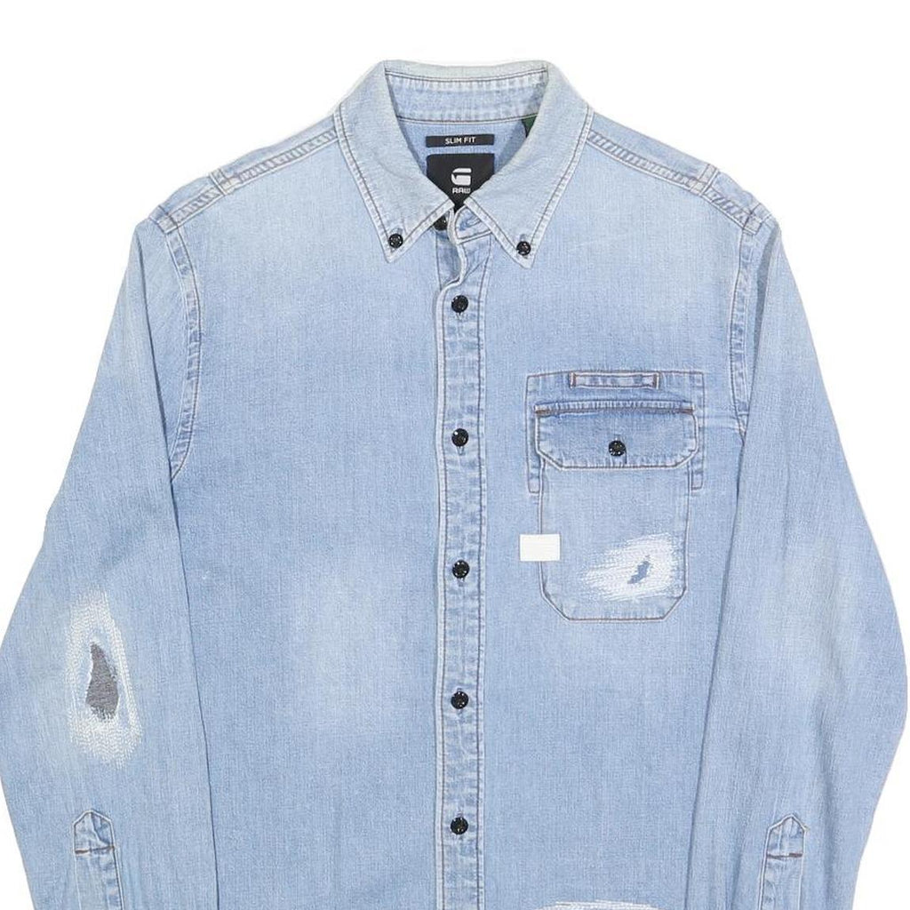 G-STAR Mens Blue Denim Slim Fit Shirt S Distressed Cotton Casual Long Sleeve
