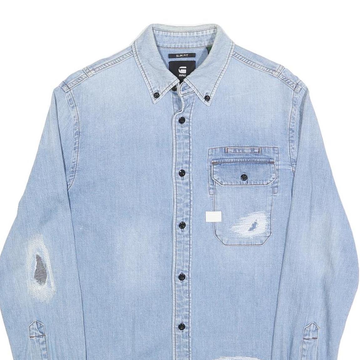 G-STAR Mens Blue Denim Slim Fit Shirt S Distressed Cotton Casual Long Sleeve