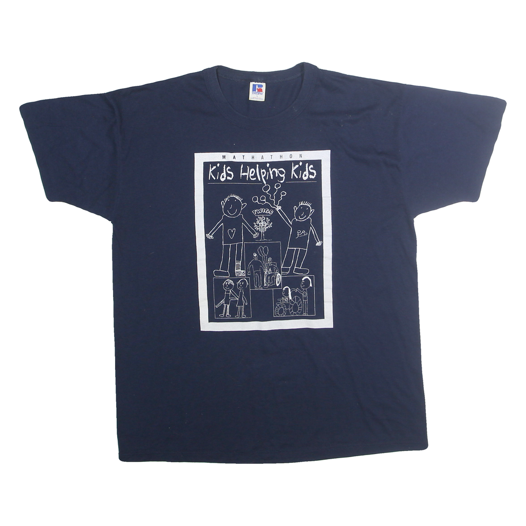 RUSSELL ATHLETIC Mens Blue Kids Helping Kids Graphic T-Shirt L Short Sleeve Crew