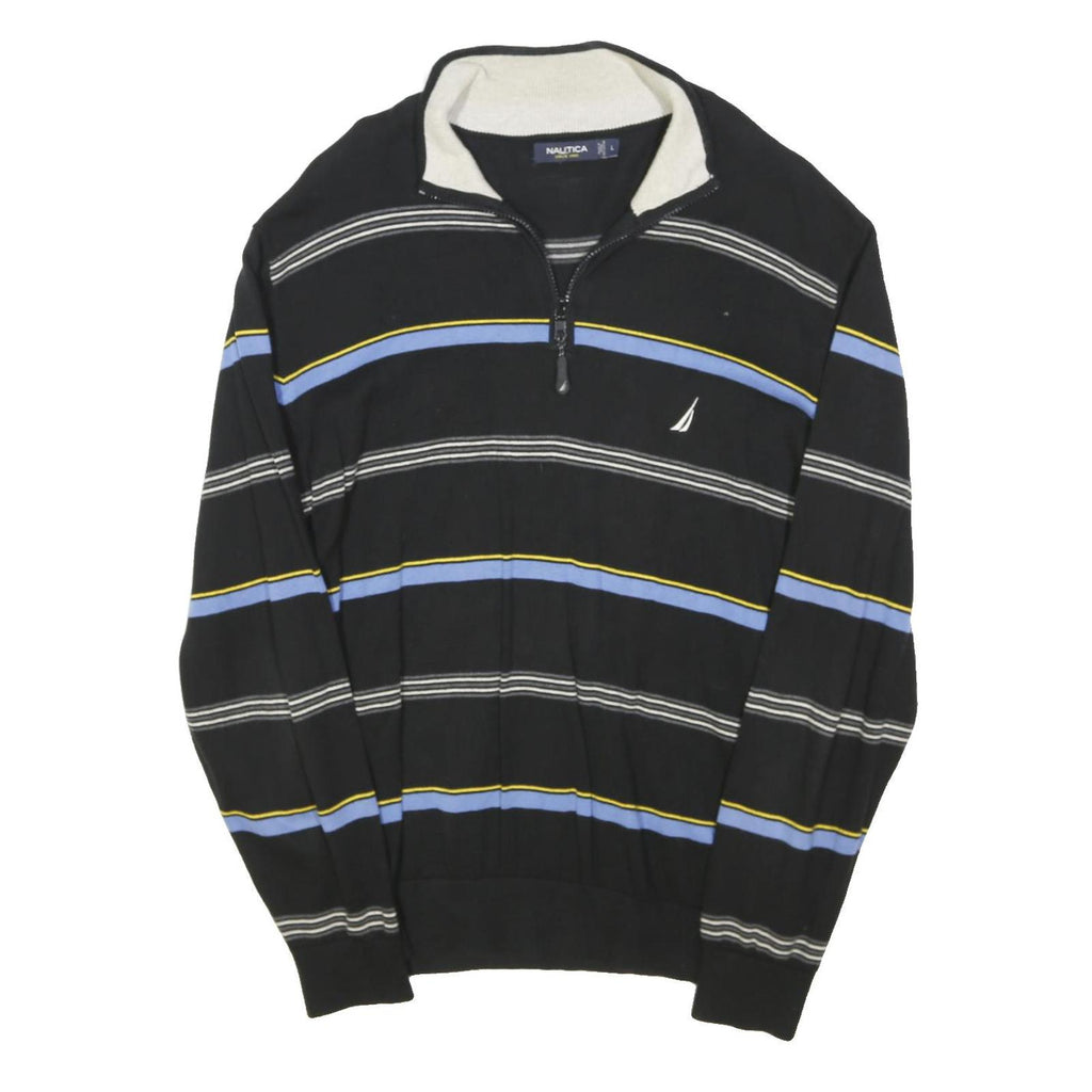 NAUTICA Mens Black Blue & Yellow Striped Pattern Pullover Crew Neck Jumper L