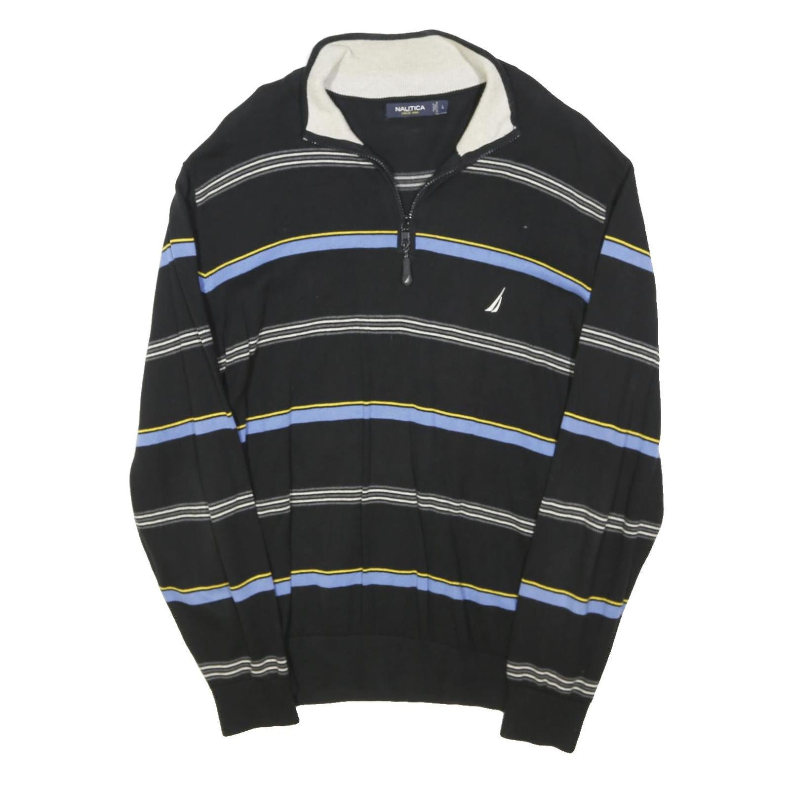NAUTICA Mens Black Blue & Yellow Striped Pattern Pullover Crew Neck Jumper L