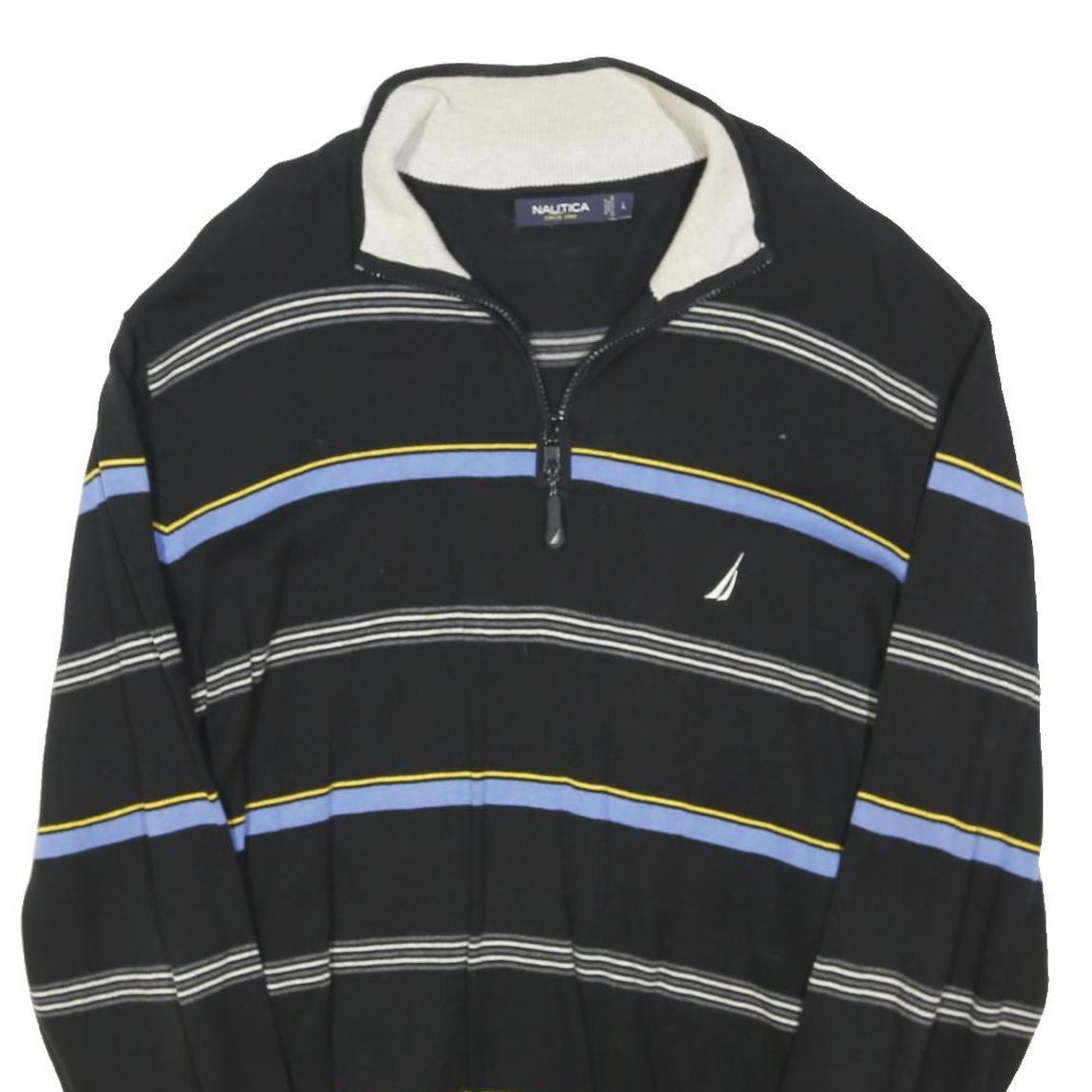 NAUTICA Mens Black Blue & Yellow Striped Pattern Pullover Crew Neck Jumper L