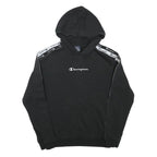CHAMPION Mens Black Pullover Hoodie S Cotton Blend Logo Tape Shoulder Stripe