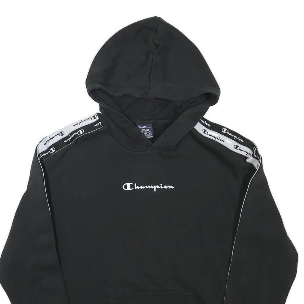 CHAMPION Mens Black Pullover Hoodie S Cotton Blend Logo Tape Shoulder Stripe