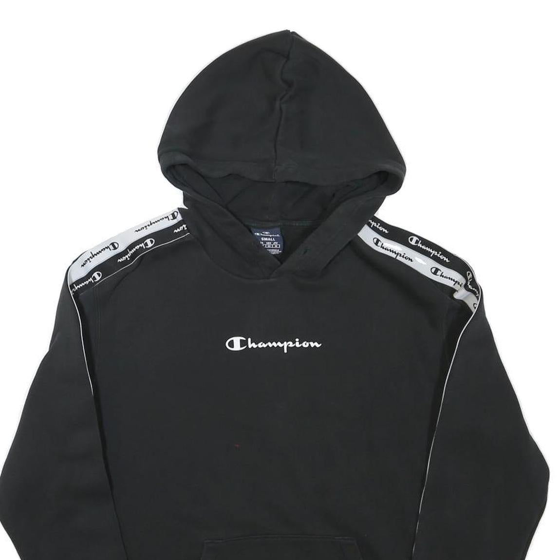 CHAMPION Mens Black Pullover Hoodie S Cotton Blend Logo Tape Shoulder Stripe