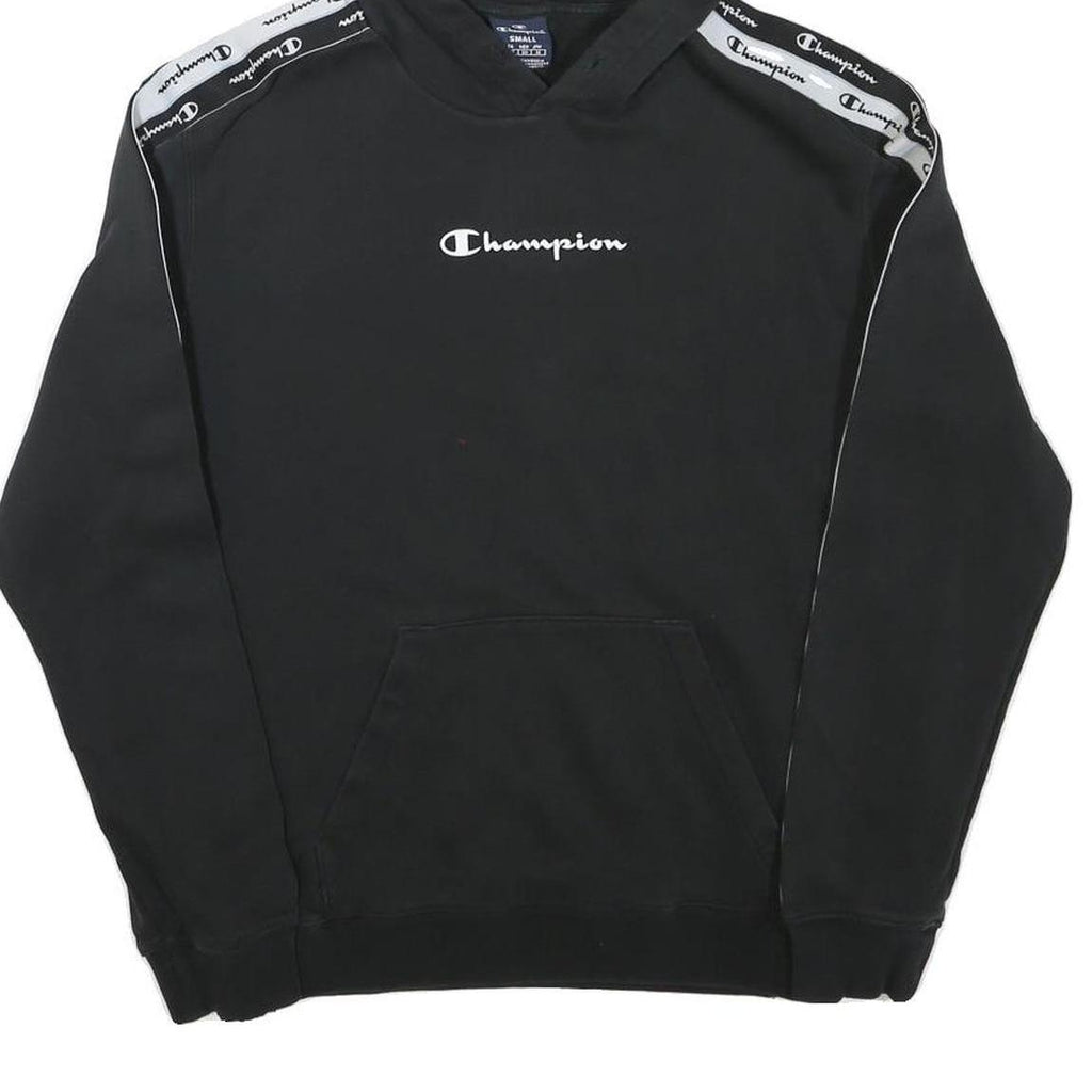 CHAMPION Mens Black Pullover Hoodie S Cotton Blend Logo Tape Shoulder Stripe