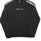 CHAMPION Mens Black Pullover Hoodie S Cotton Blend Logo Tape Shoulder Stripe