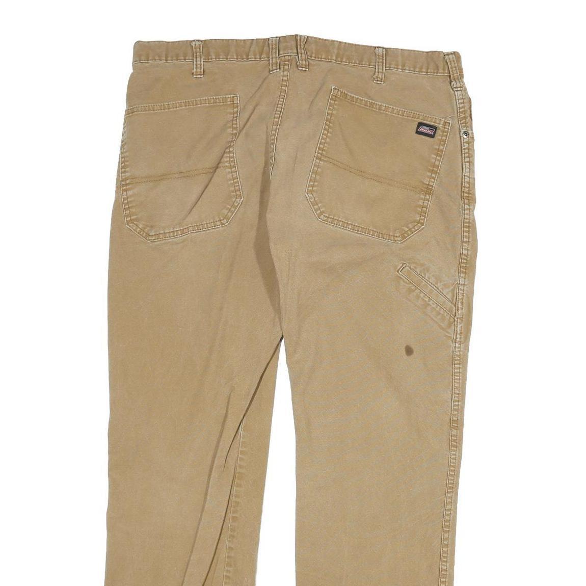 DICKIES Mens Regular Fit Beige Cotton Blend Zip Trousers W38 L32 Workwear Casual