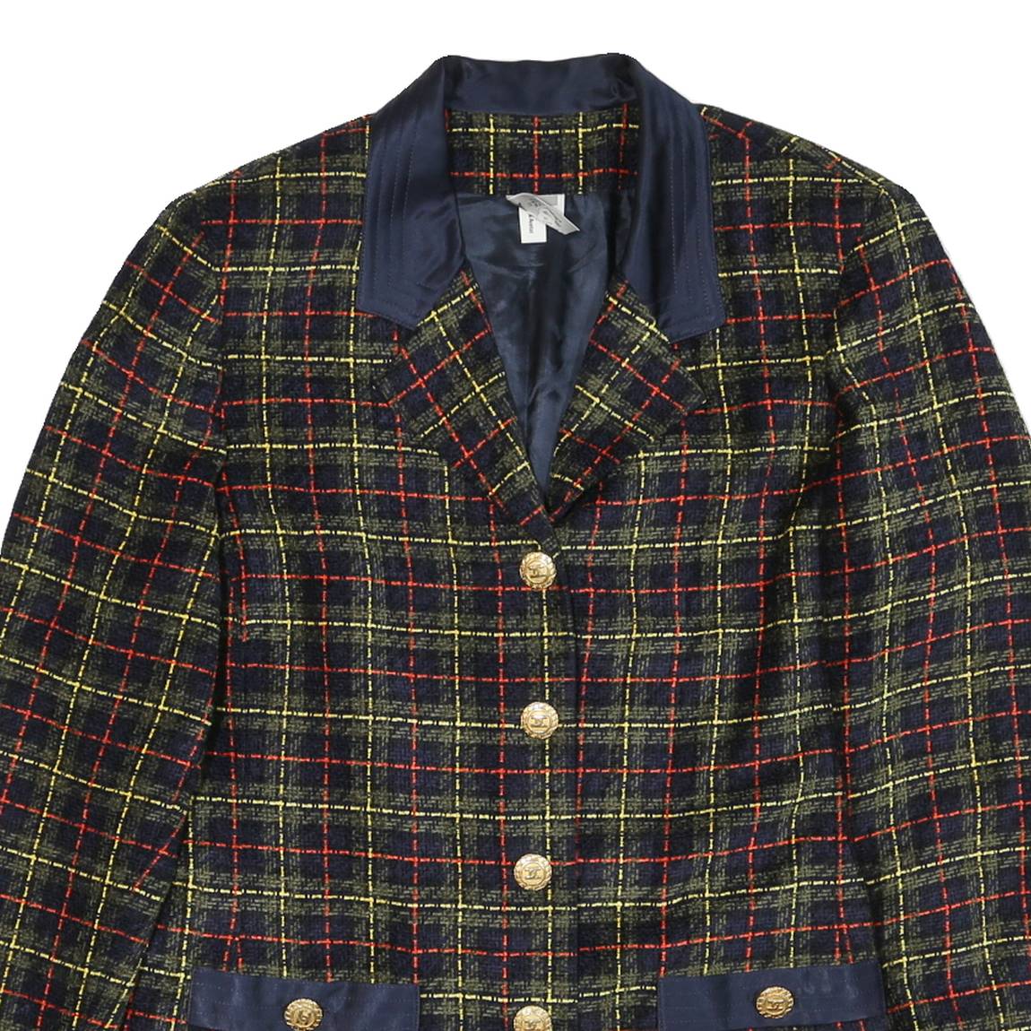 Womens Black & Yellow Check Jacket L Acetate Button Closure Classic Fit Stylish