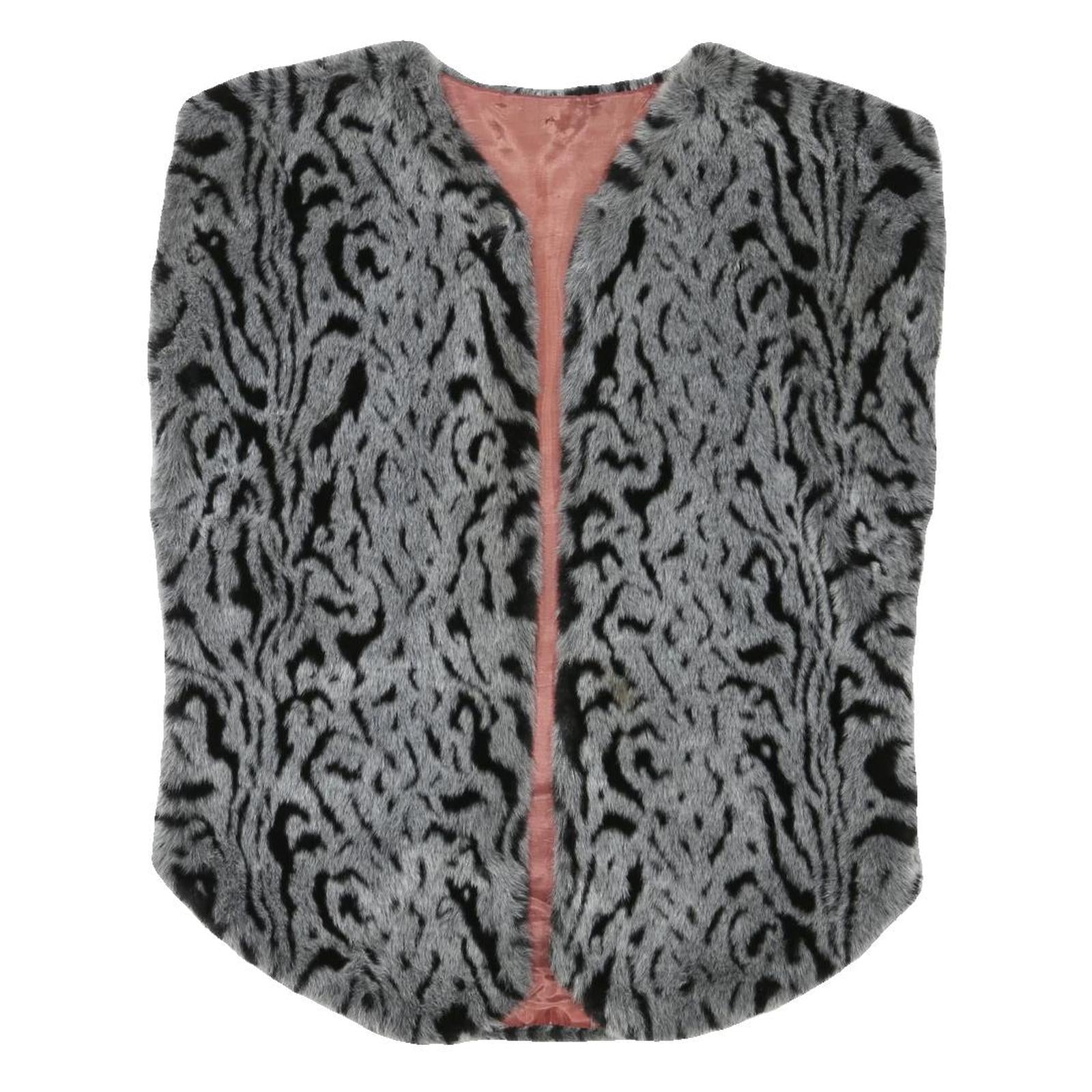 Womens Grey Black Animal Print Faux Fur Jacket L Polyester Blend Sleeveless Open