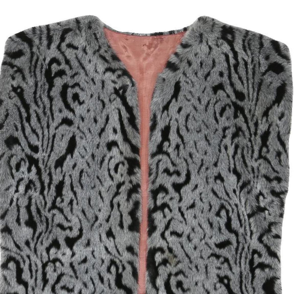Womens Grey Black Animal Print Faux Fur Jacket L Polyester Blend Sleeveless Open