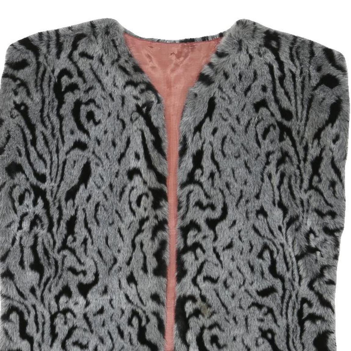 Womens Grey Black Animal Print Faux Fur Jacket L Polyester Blend Sleeveless Open