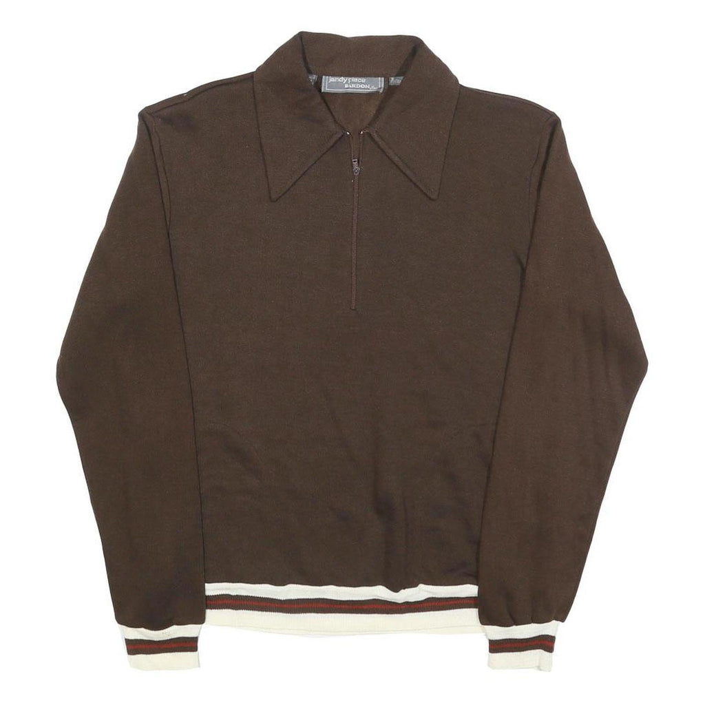 JANDY PLACE Womens Brown Polo Collar M Sweatshirt Zip Neck Retro Striped Hem