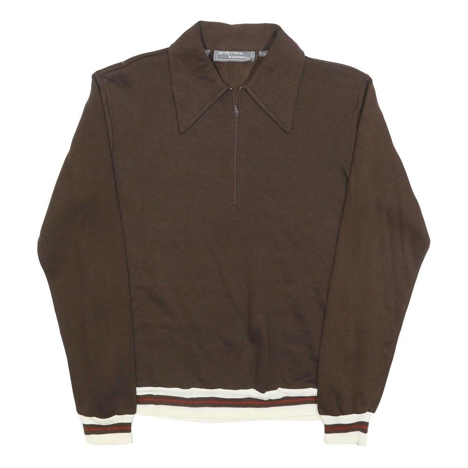 JANDY PLACE Womens Brown Polo Collar M Sweatshirt Zip Neck Retro Striped Hem