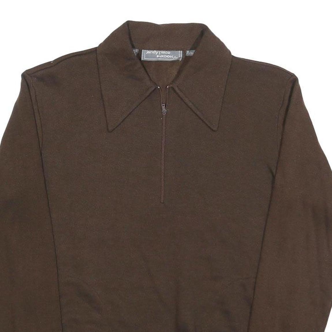 JANDY PLACE Womens Brown Polo Collar M Sweatshirt Zip Neck Retro Striped Hem