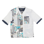 LIMA Womens White & Navy Printed Short Sleeve Collared Shirt L Silk Feel