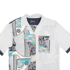 LIMA Womens White & Navy Printed Short Sleeve Collared Shirt L Silk Feel