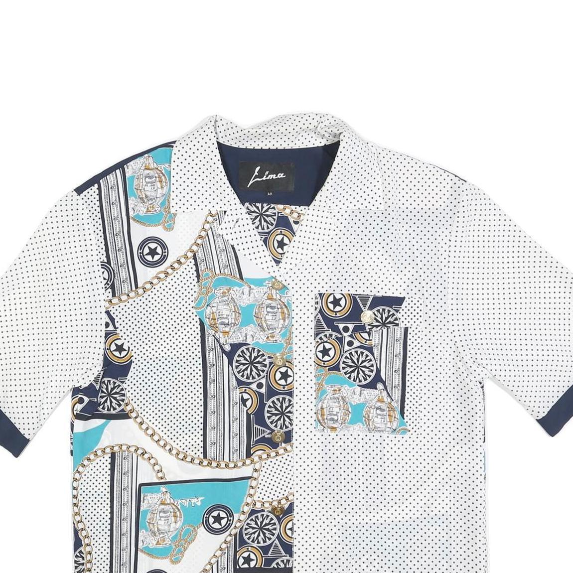 LIMA Womens White & Navy Printed Short Sleeve Collared Shirt L Silk Feel