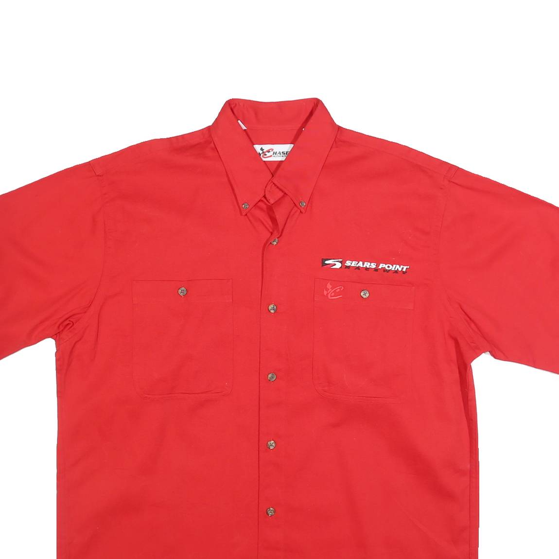CHASE AUTHENTICS Mens Red Sears Point Short Sleeve Shirt L Button Collar Cotton