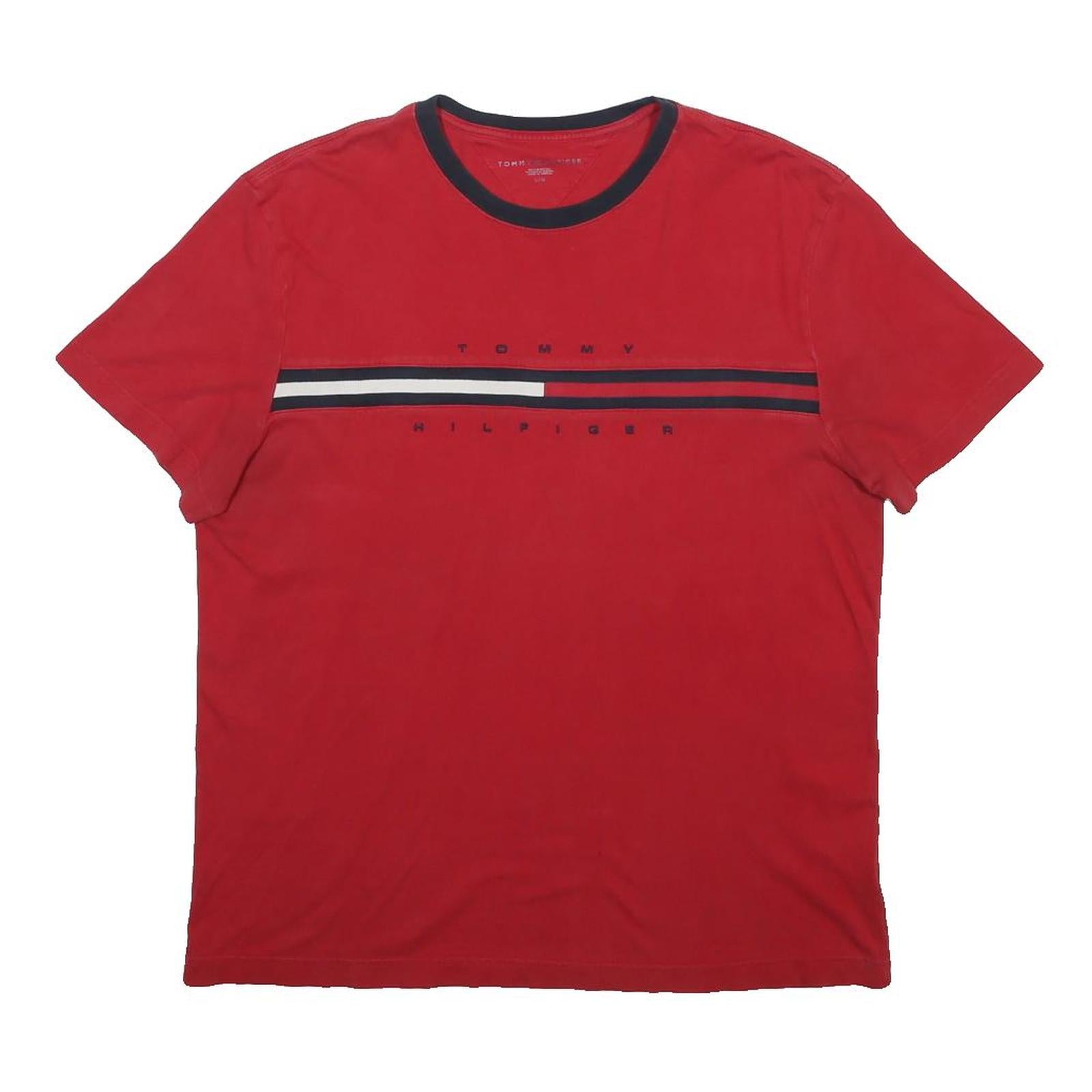 TOMMY HILFIGER Mens Red & Navy Logo Graphic T-Shirt L Short Sleeve Crew Neck