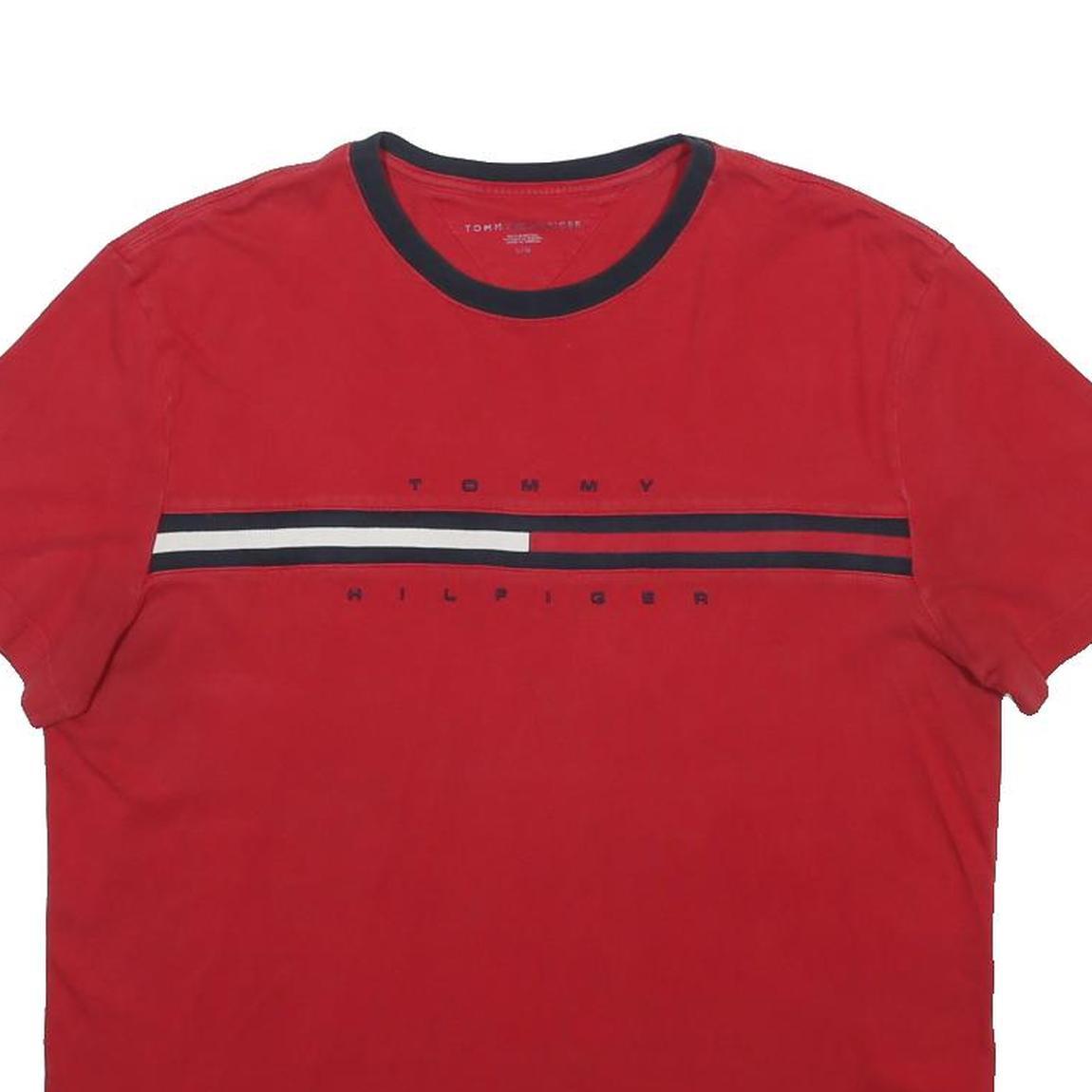 TOMMY HILFIGER Mens Red & Navy Logo Graphic T-Shirt L Short Sleeve Crew Neck