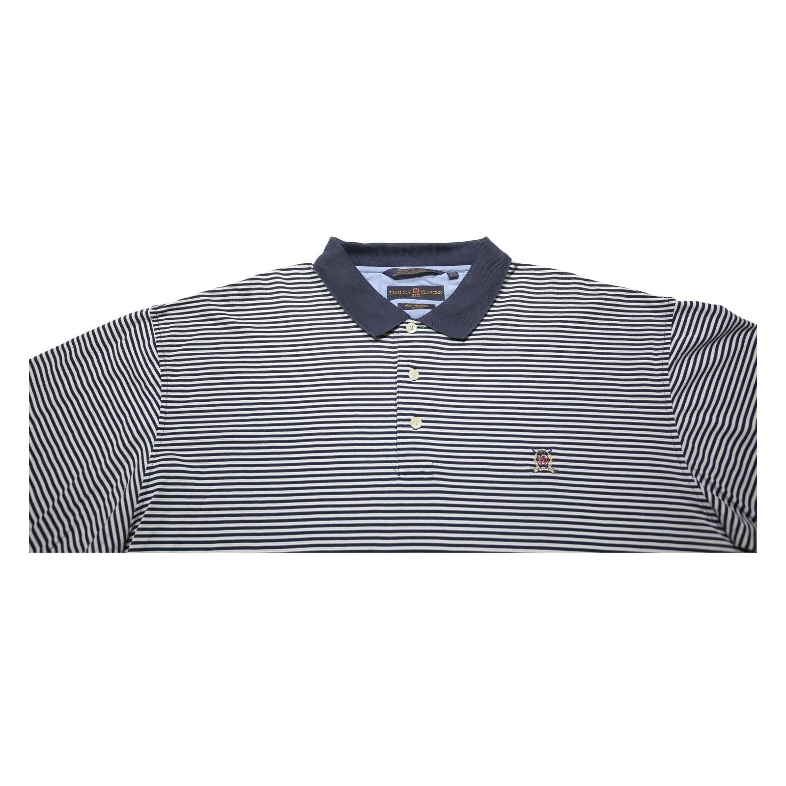 TOMMY HILFIGER Mens Blue & White Striped Short Sleeve Polo Shirt XL Cotton