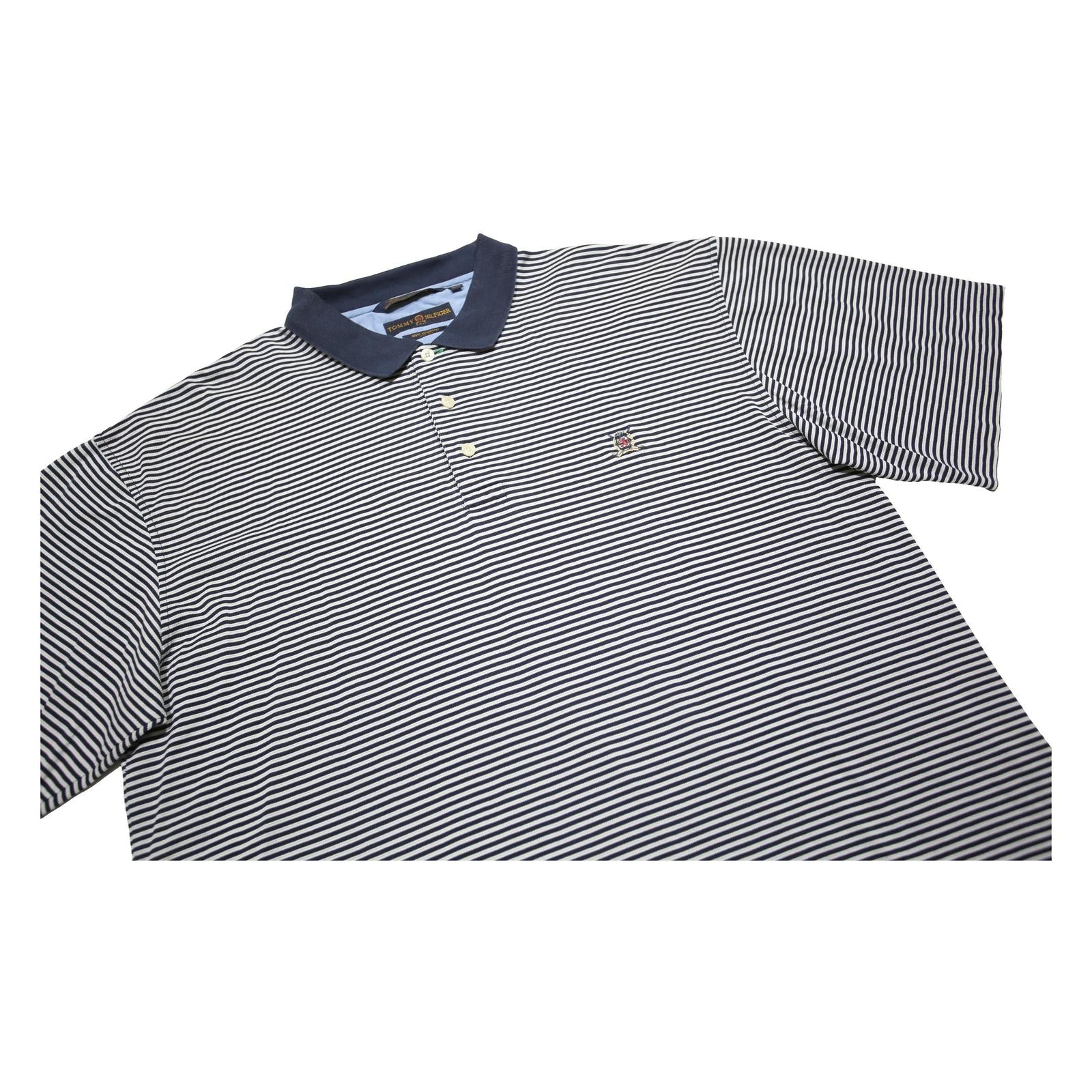 TOMMY HILFIGER Mens Blue & White Striped Short Sleeve Polo Shirt XL Cotton