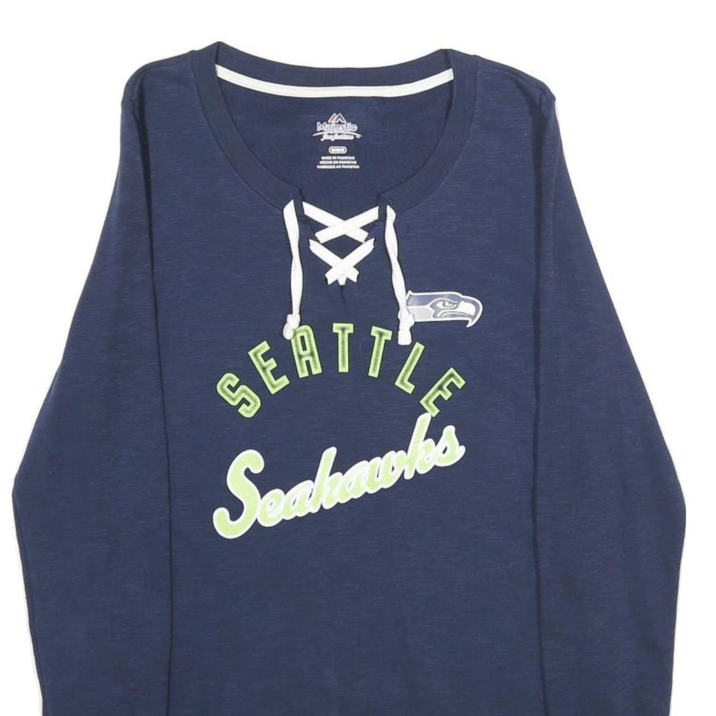 MAJESTIC Womens Blue Seattle Seahawks Lace Up Neck M Cotton Blend Sweatshirt