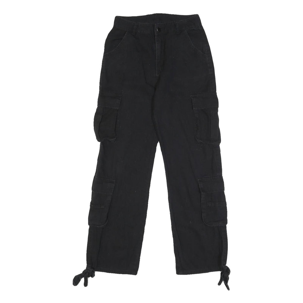 Womens Black Relaxed Cargo Trousers W24 L28 Viscose Blend Zip Pocketed