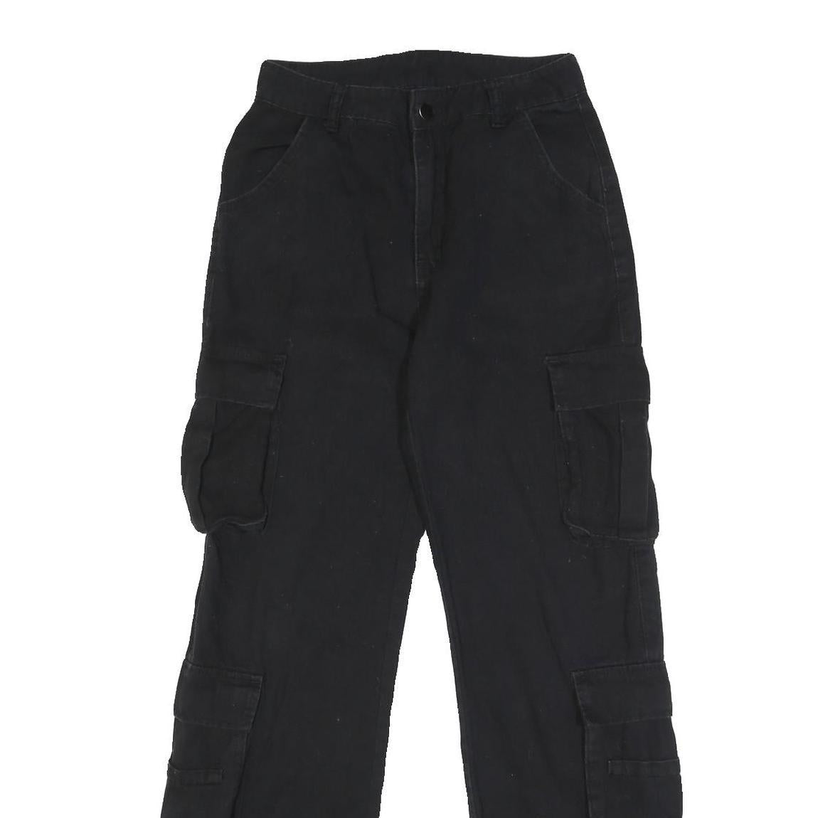 Womens Black Relaxed Cargo Trousers W24 L28 Viscose Blend Zip Pocketed