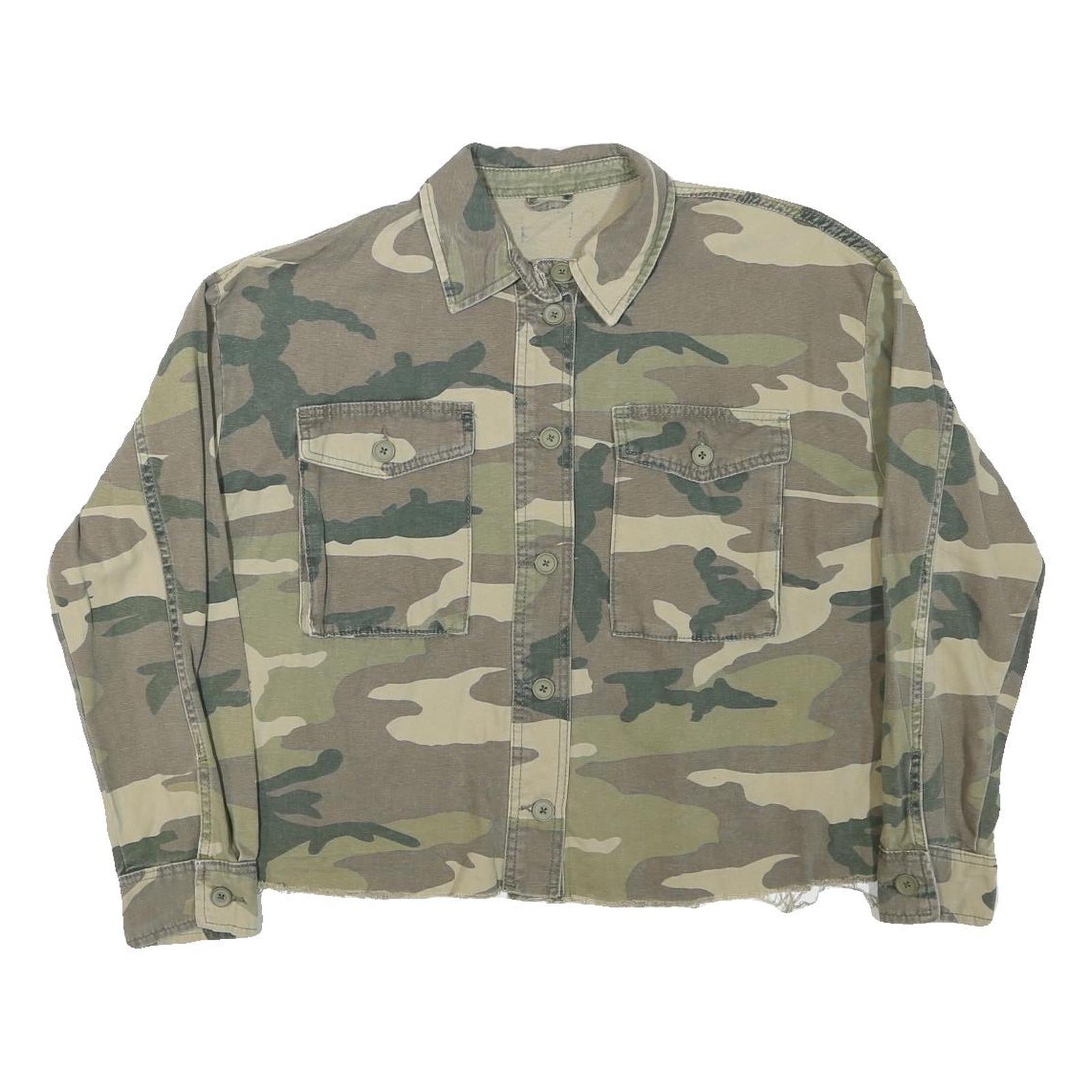 Womens Green & Beige Camouflage Military Jacket L Cotton Blend Woven Button