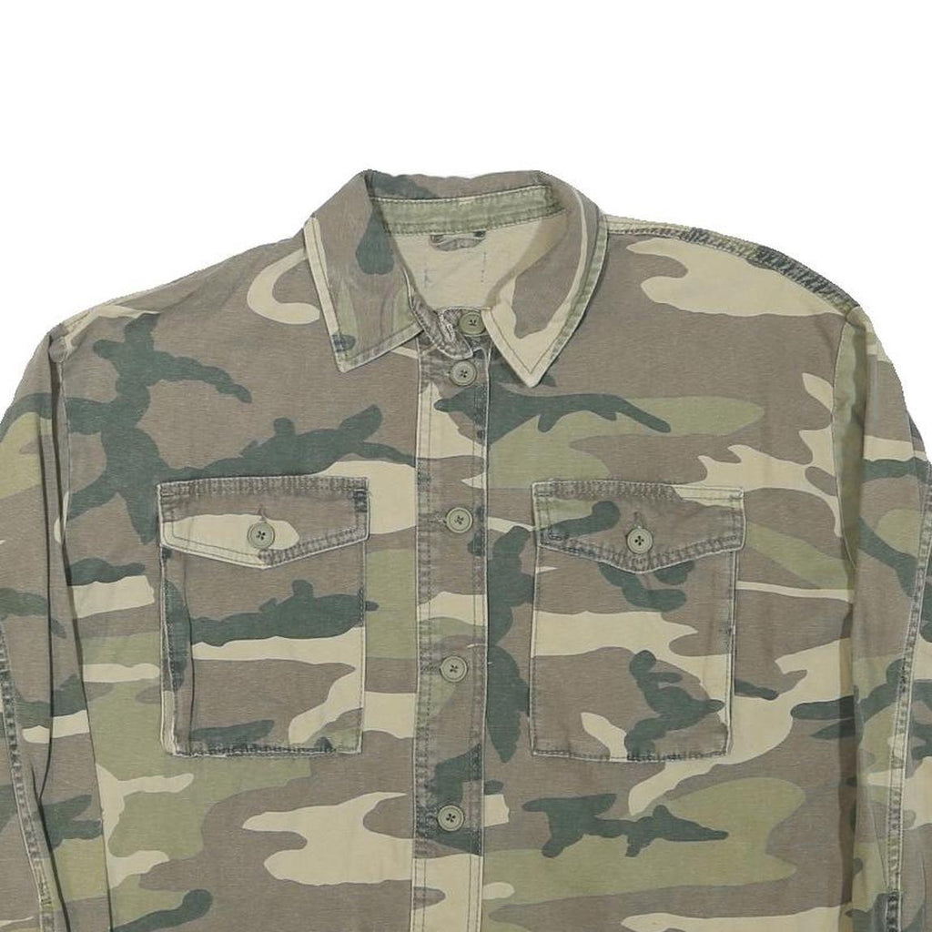 Womens Green & Beige Camouflage Military Jacket L Cotton Blend Woven Button