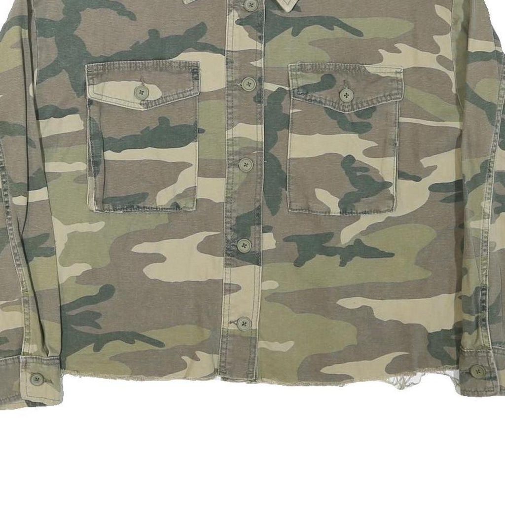 Womens Green & Beige Camouflage Military Jacket L Cotton Blend Woven Button