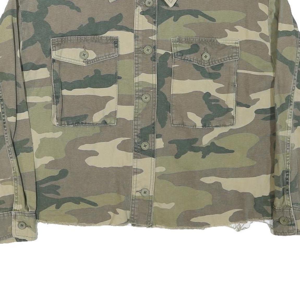 Womens Green & Beige Camouflage Military Jacket L Cotton Blend Woven Button