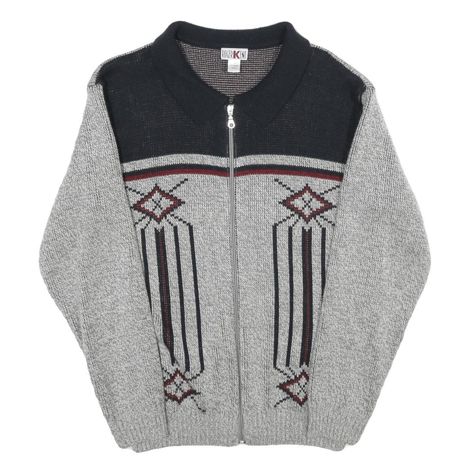 ROGER KENT Mens Grey Patterned Zip Jumper M Acrylic Warm Casual